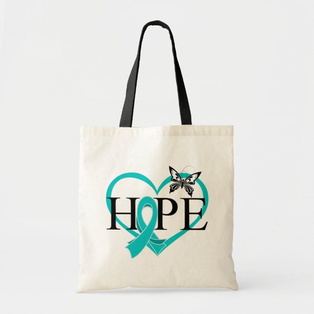 Ovarian Cancer Hope Butterfly Heart Tote Bag (Front)