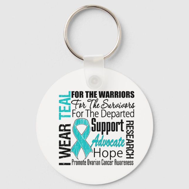 Ovarian Cancer I Wear Teal Ribbon TRIBUTE Keychain (Front)