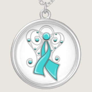 Ovarian Cancer Ribbon Angel In Memory Silver Plated Necklace