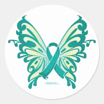 Ovarian Cancer Ribbon Butterfly Classic Round Sticker by fightcancertees at Zazzle