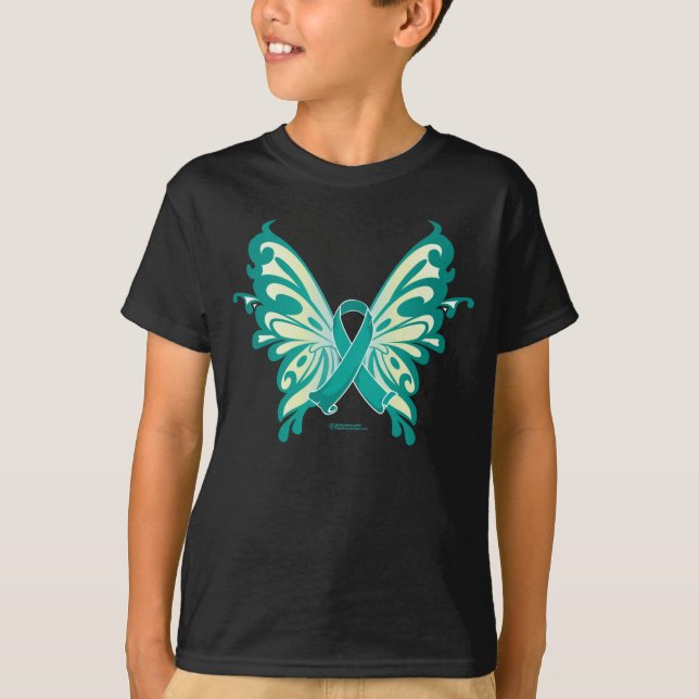 Ovarian Cancer Ribbon Butterfly T-Shirt (Front)
