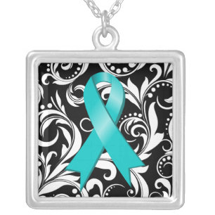 Ovarian Cancer Ribbon Deco Floral Noir Silver Plated Necklace