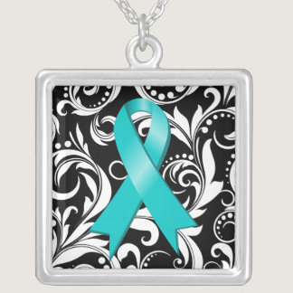Ovarian Cancer Ribbon Deco Floral Noir Silver Plated Necklace