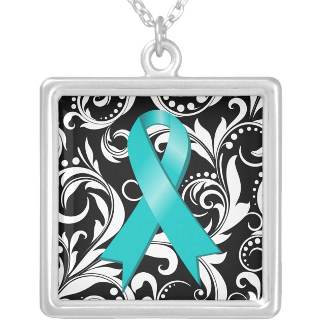 Ovarian Cancer Ribbon Deco Floral Noir Silver Plated Necklace (Front)