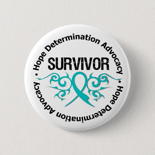 Ovarian Cancer Survivor Tribal Ribbon Pinback Button (Front)