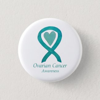 Ovarian Cancer Teal Awareness Ribbon Heart Buttons