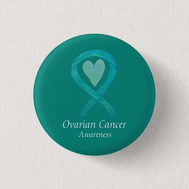 Ovarian Cancer Teal Awareness Ribbon Heart Pins (Front)