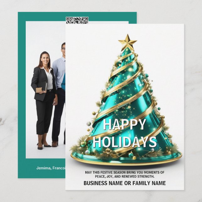 Ovarian cancer teal Christmas tree modern elegant Holiday Card (Front/Back)