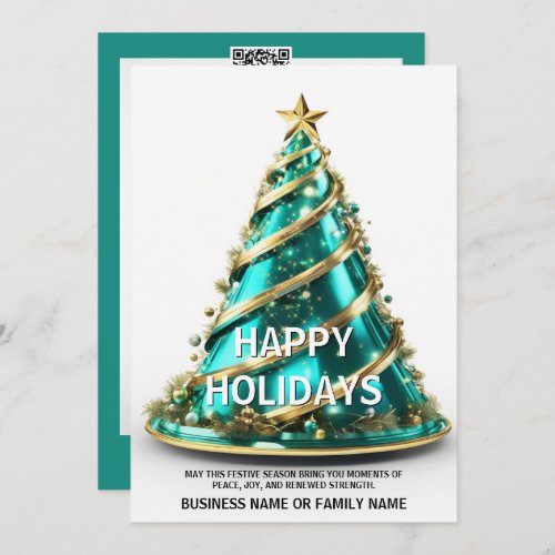 Ovarian cancer teal Christmas tree modern elegant Holiday Card