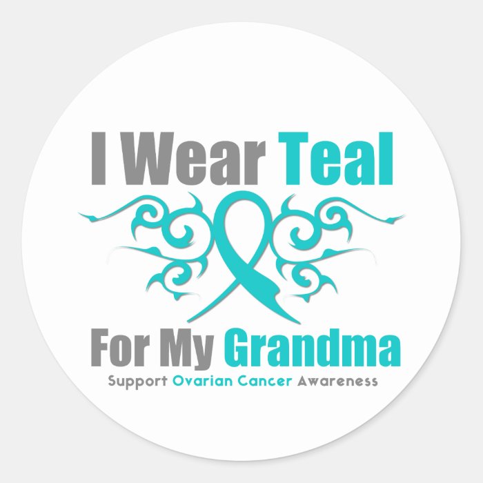 Ovarian Cancer Teal Tribal Ribbon Grandma Round Sticker