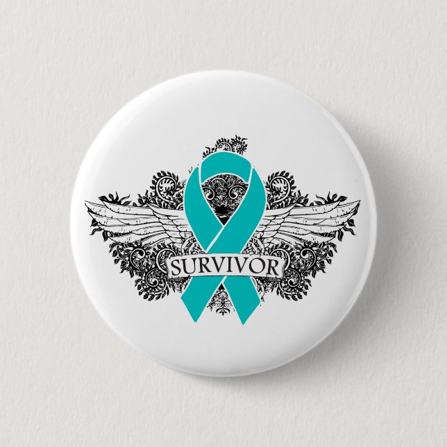 Ovarian Cancer Winged SURVIVOR Ribbon Pinback Button (Front)