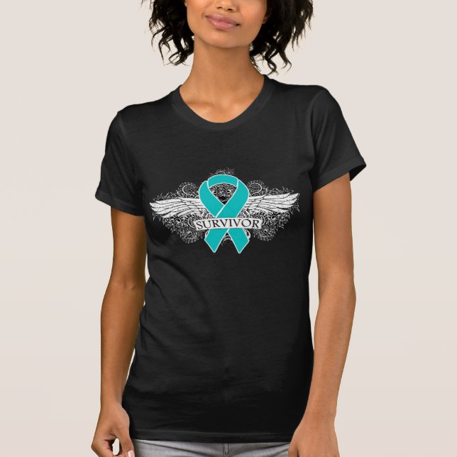 Ovarian Cancer Winged SURVIVOR Ribbon T-Shirt (Front)