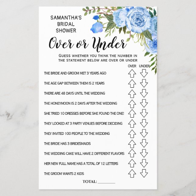 Ove or Under Bridal Shower Bilingual Game Card Flyer (Front)