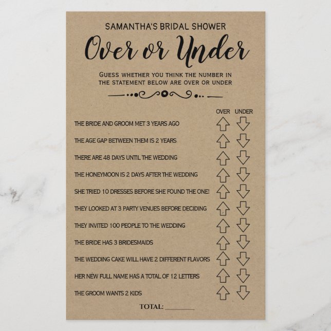 Ove or Under bridal shower spanish english game (Front)