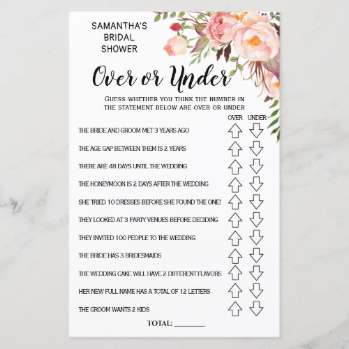 Ove or Under bridal shower spanish english game