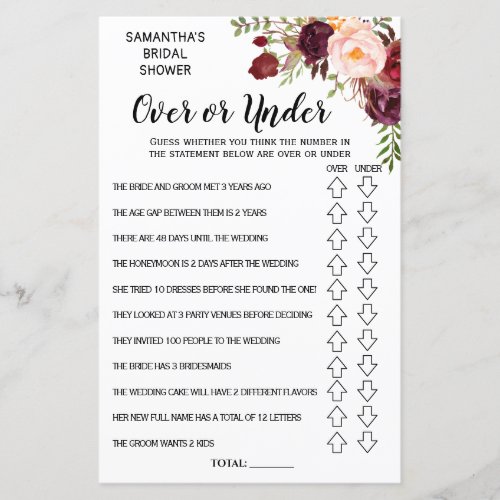 Ove or Under Marsala Flowers Bridal Shower Game