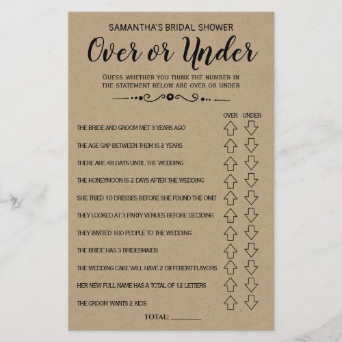 Ove or Under Rustic Bridal Shower Game Card Flyer