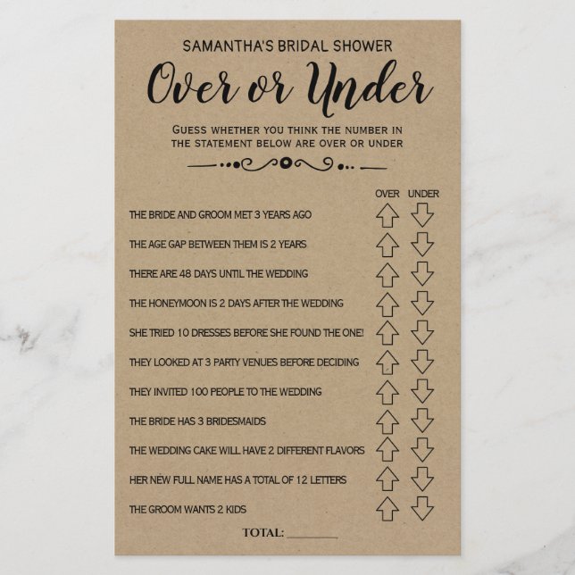 Ove or Under Rustic Bridal Shower Game Card Flyer (Front)