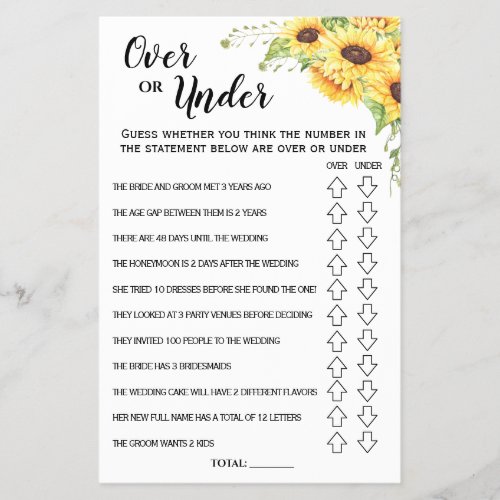 Ove or Under Sunflowers Bridal Shower game card Flyer