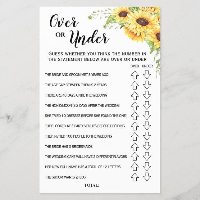Ove or Under Sunflowers Bridal Shower game card Flyer (Front)