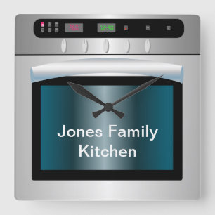 Oven graphic with personalized text square wall clock