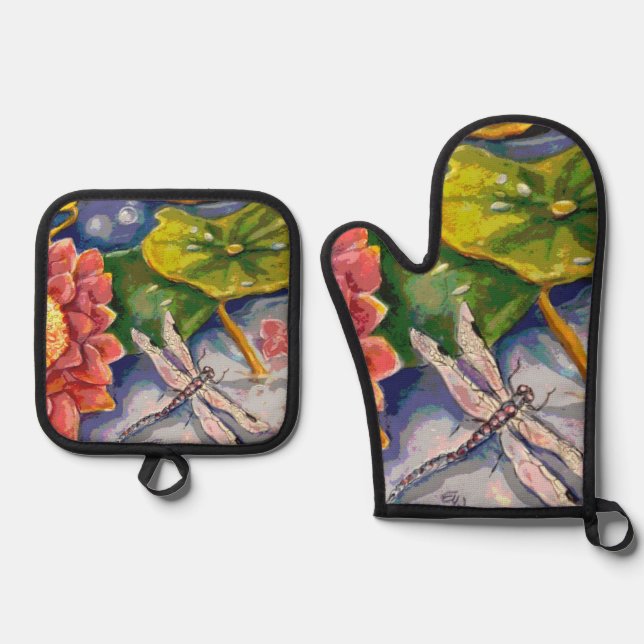 Oven Mitt and Pot Holders - Dragonfly & Waterlilly Oven Mitt & Pot Holder Set (Front)