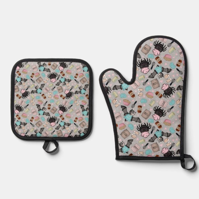 Oven Mitt-Halloween Baking Besties-Gray Mitt & Pot Holder Set (Front)