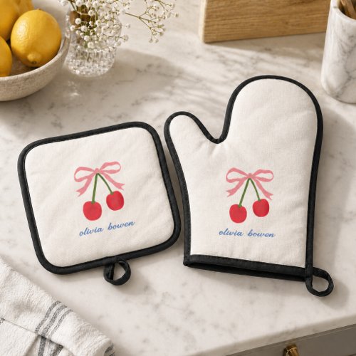 Oven Mitt &amp; Pot Holder | Cherry Coquette Bow Cute Set