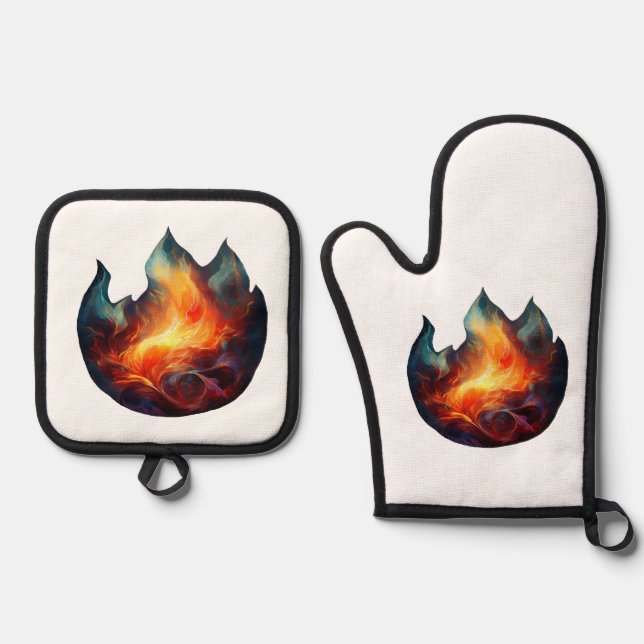 Oven Mitt & Pot Holder - Flames Artwork Oven Mitt & Pot Holder Set (Front)