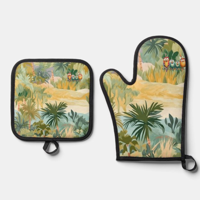 Oven Mitt & Pot Holder Set Tropical Design  (Front)