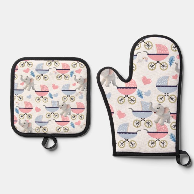 Oven Mitt & Pot Holders Baby Stroller Elephant Holder Set (Front)