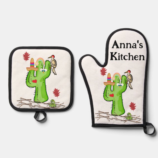 Oven Mitt & Pot Holders Cactus Desert  Holder Set (Front)