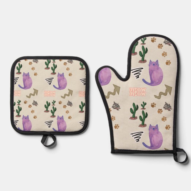 Oven Mitt & Pot Holders Cats Kitten Meow  Holder Set (Front)