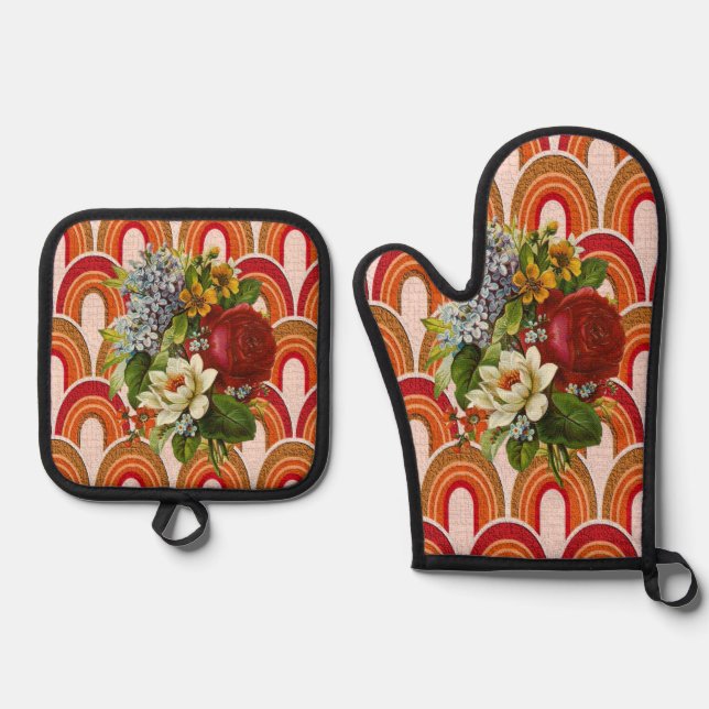 Oven Mitt & Pot Holders Floral Red Orange  Holder Set (Front)