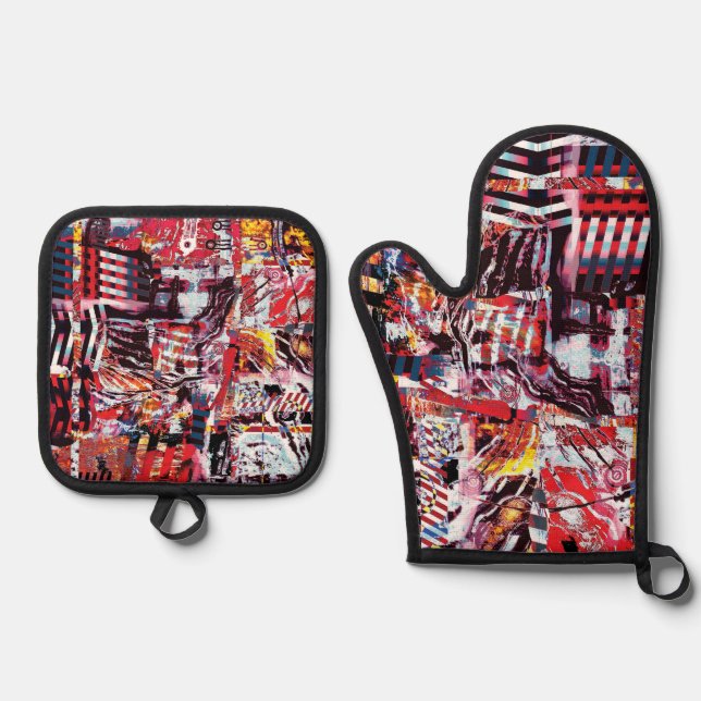 Oven Mitt & Pot Holders – Fragmented Pulse Holder Set (Front)