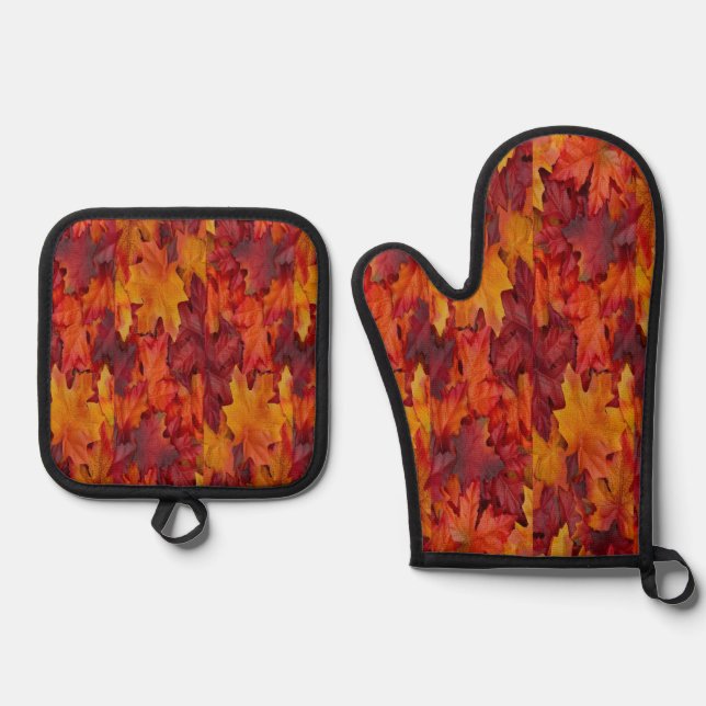 Oven Mitt & Pot Holders Leaves Red Orange Holder Set (Front)