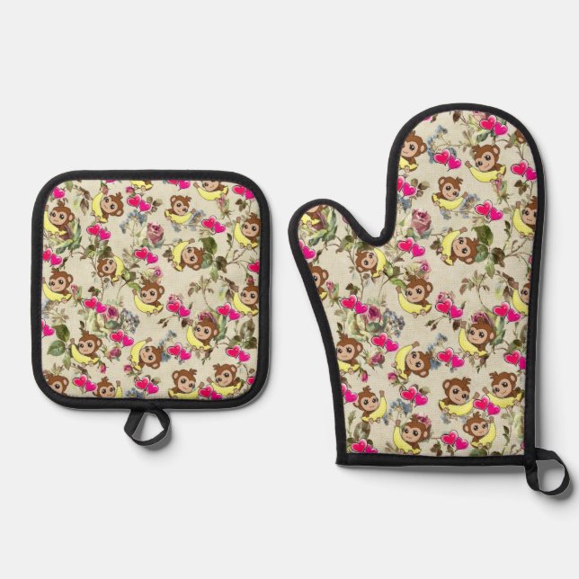 Oven Mitt & Pot Holders Monkey Bananas Holder Set (Front)