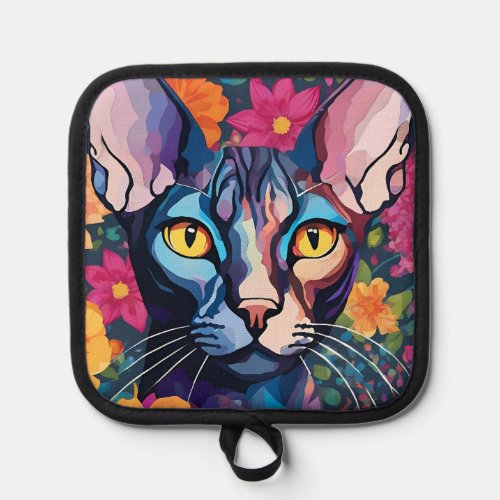 Oven Mitt Pot Holders  Sphynx Cat Art Flowers