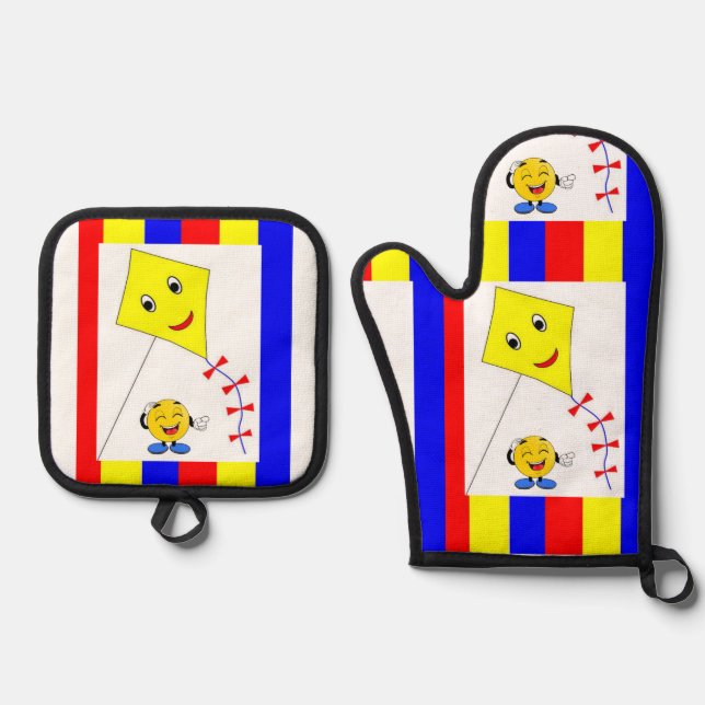 Oven Mitt & Pot Holders Yellow Bue Red Kite  Holder Set (Front)