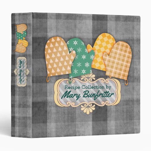 Oven mitts gray plaid Christmas recipe cookbook 3 Ring Binder