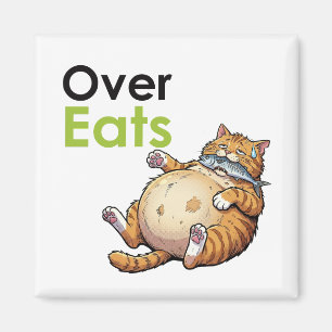 Over Eats - Funny Fat Cat Eating Fish Cartoon Magnet