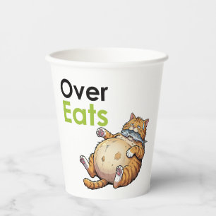 Over Eats - Funny Fat Cat Eating Fish Cartoon Paper Cups