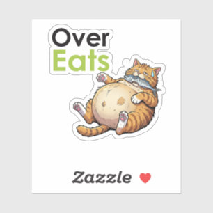 Over Eats - Funny Fat Cat Eating Fish Cartoon Sticker