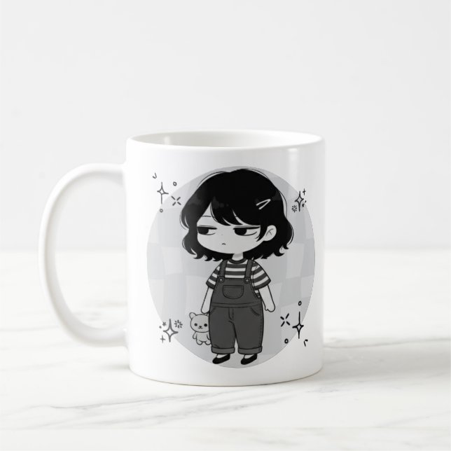 Over It Round Aesthetic Chibi Girl Illustration Coffee Mug (Left)