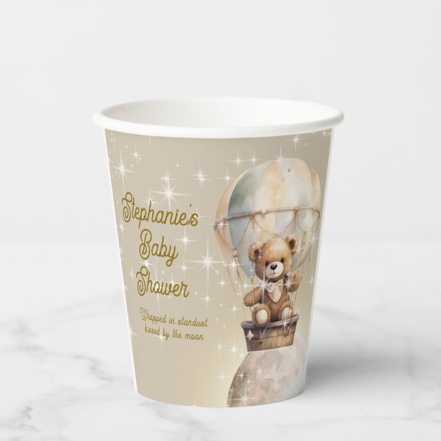 Over Moon Teddy Bear Gender Neutral Baby Shower Paper Cups (Front)
