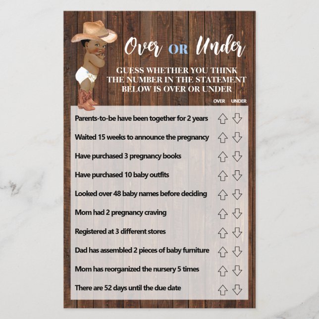Over or Under AA Cowboy Baby Shower Game Card Flyer (Front)