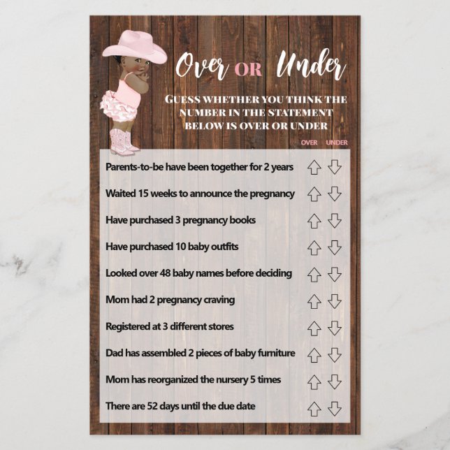 Over or Under AA Cowgirl Baby Shower Game Card Flyer (Front)