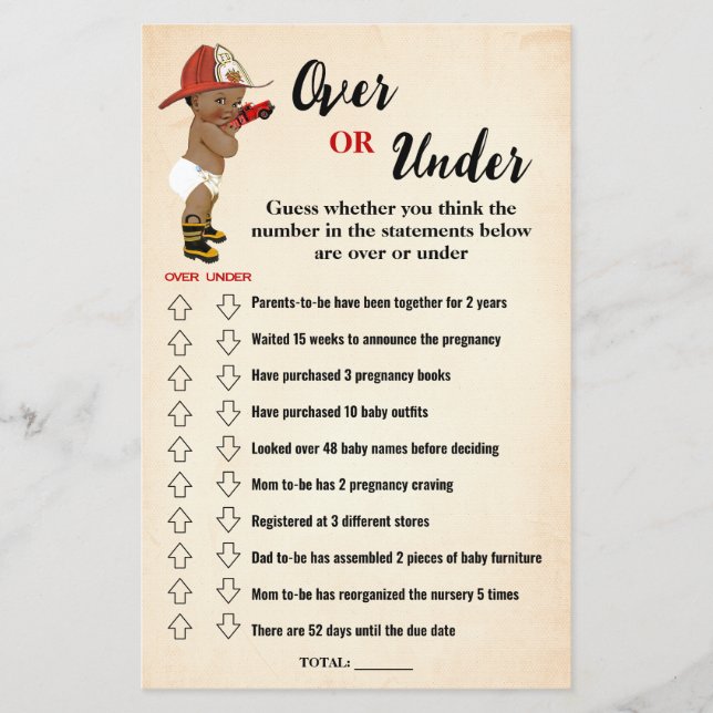 Over or Under AA Firefighter Baby Shower Game Card Flyer (Front)