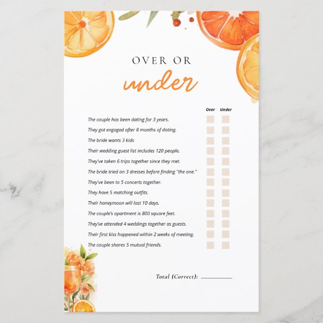 Over or Under Aperol Spritz Bridal Shower Game (Front)