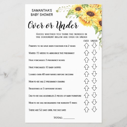 Over or under baby shower bilingual game card flyer